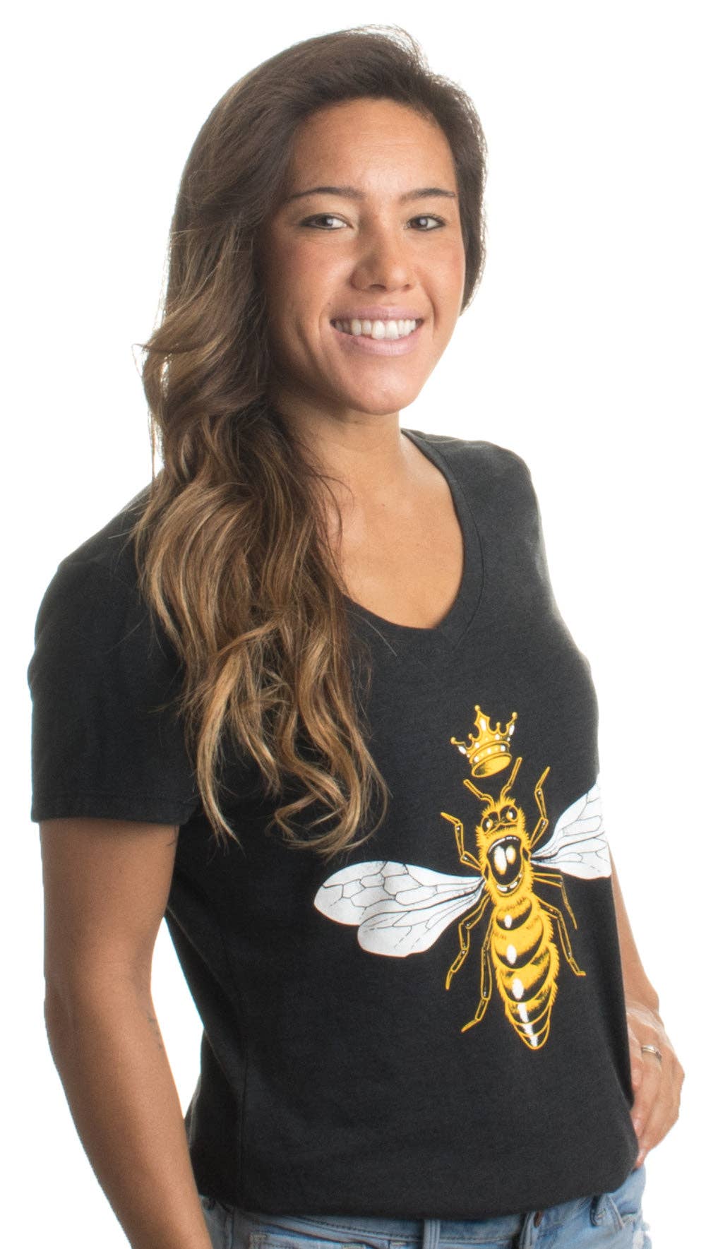 Vintage Black Queen Bee Boss Lady Crown Women's V-neck T-shirt for wholesale on Faire1