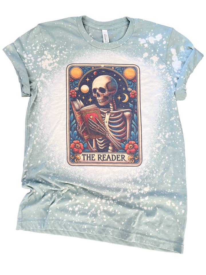 The Reader - Skeleton Tarot Card Bleached Tee for wholesale by Pick Your Poison Tees LLC (Formerly Wandering Owl Designs)