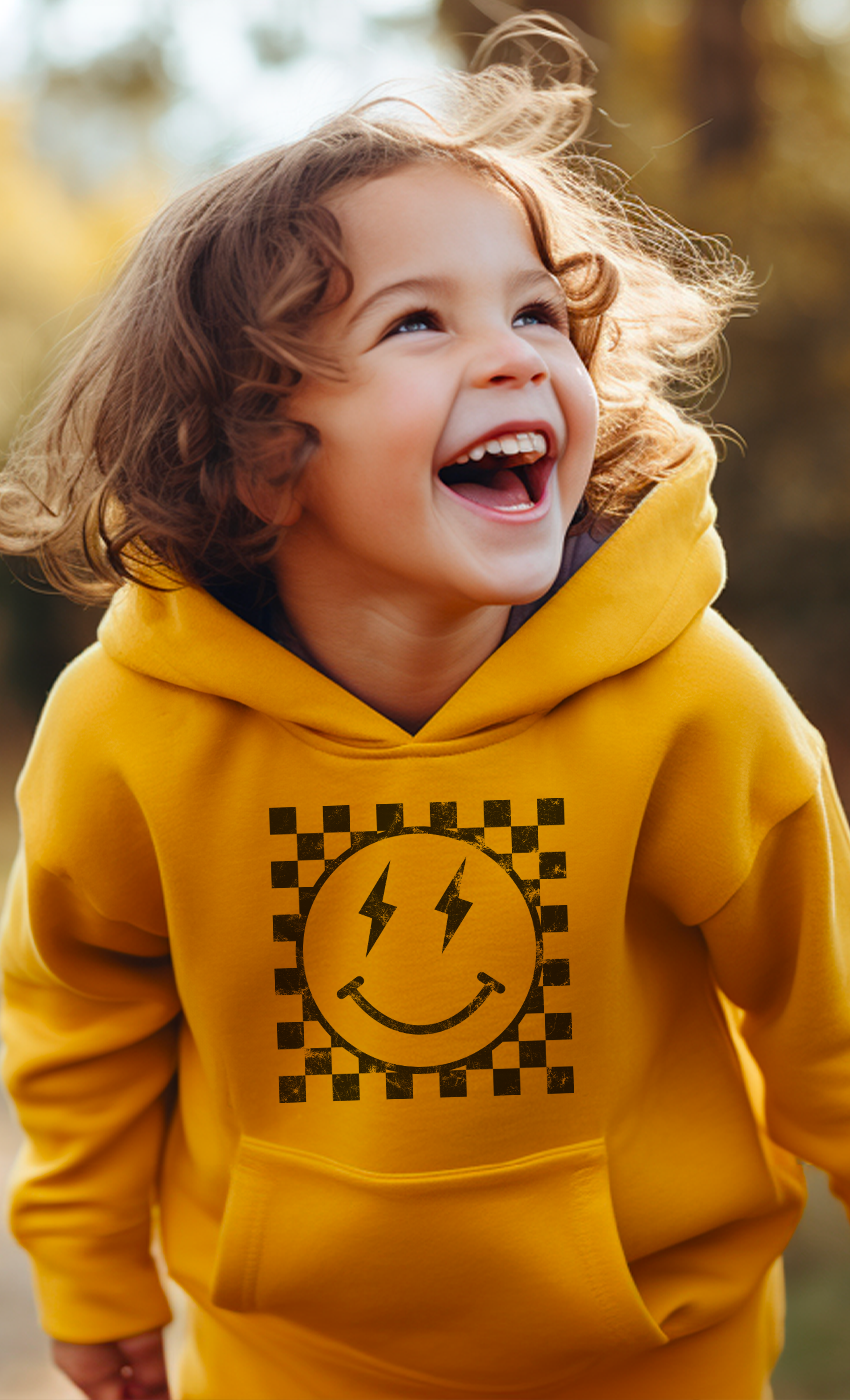 Kids By Kissed Apparel – Großhandel Hoodie – Kinder – Retro Checkerboard Lightening Smiley Youth Fleece Hoodie1