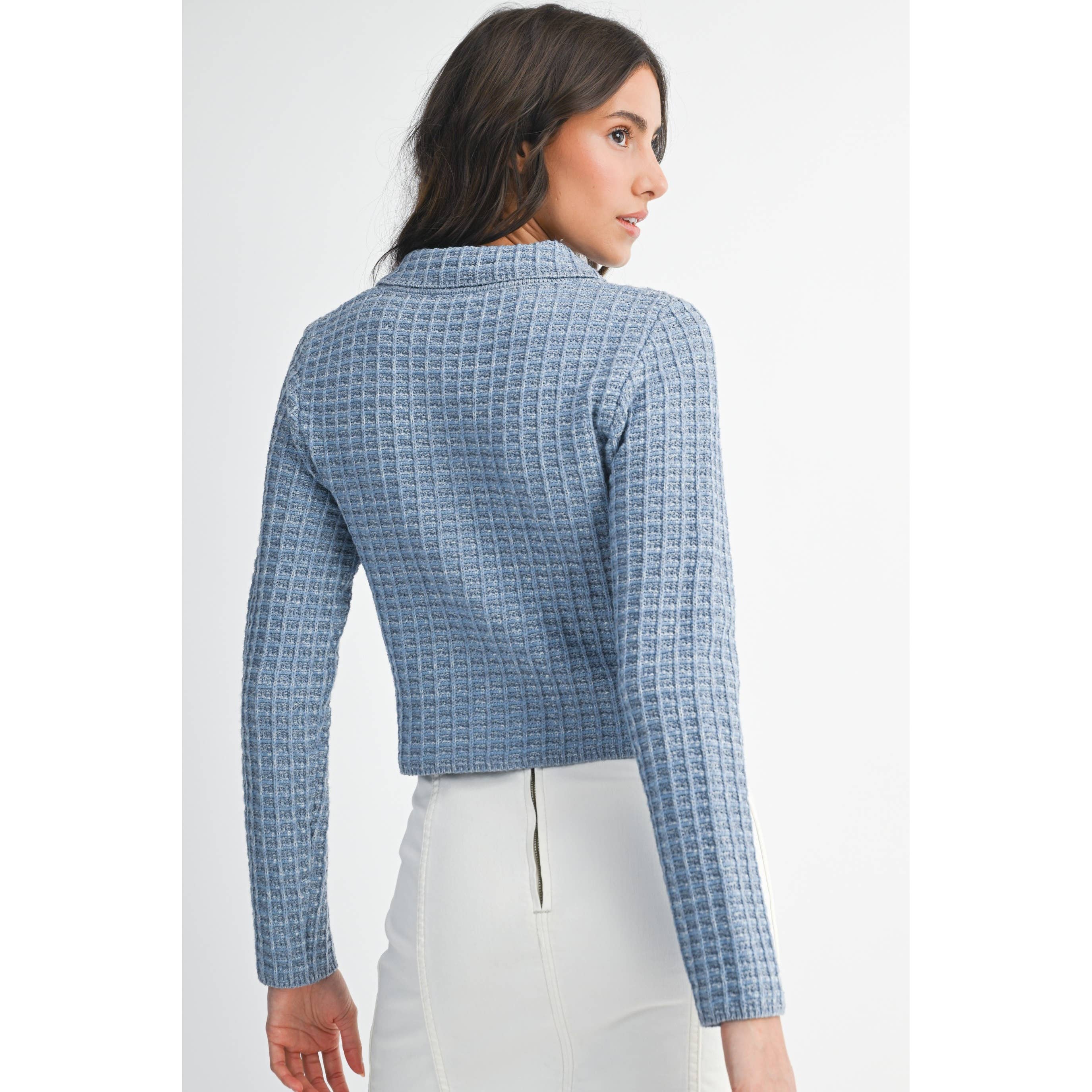 SKYBLUE RIBBED KNIT CARDIGAN WITH GOLD BUTTON ACCENTS for wholesale on Faire6