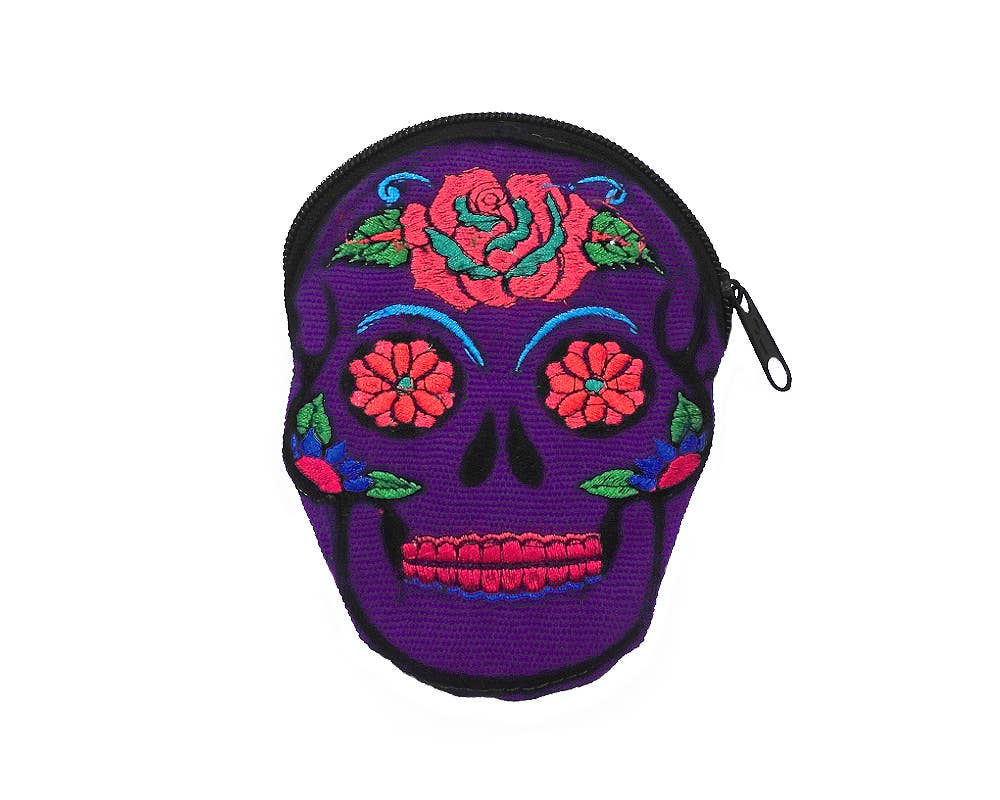 Pichincha - Wholesale Coin Purse - Women's - Sugar Skull Face Embroidered Floral Suede Coin Purse Pouch7