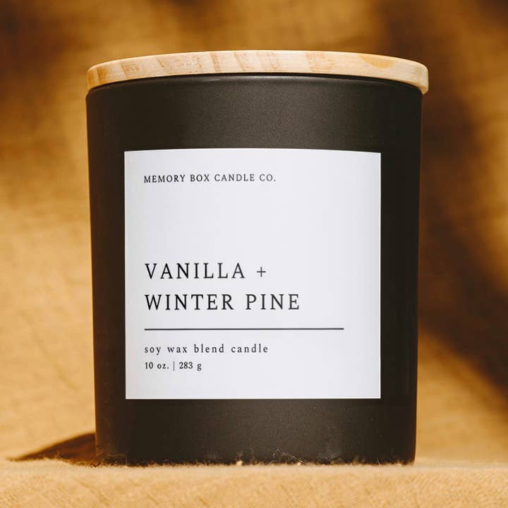Memory Box Candle Co. - Wholesale Jar/Filled Candle - Soy Candle - Vanilla + Winter Pine - 10 oz Matte Black Glass0