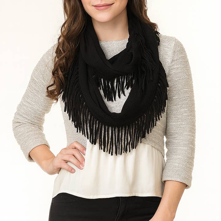 Bufanda negra de punto con flecos para venta al por mayor de Fennco Styles