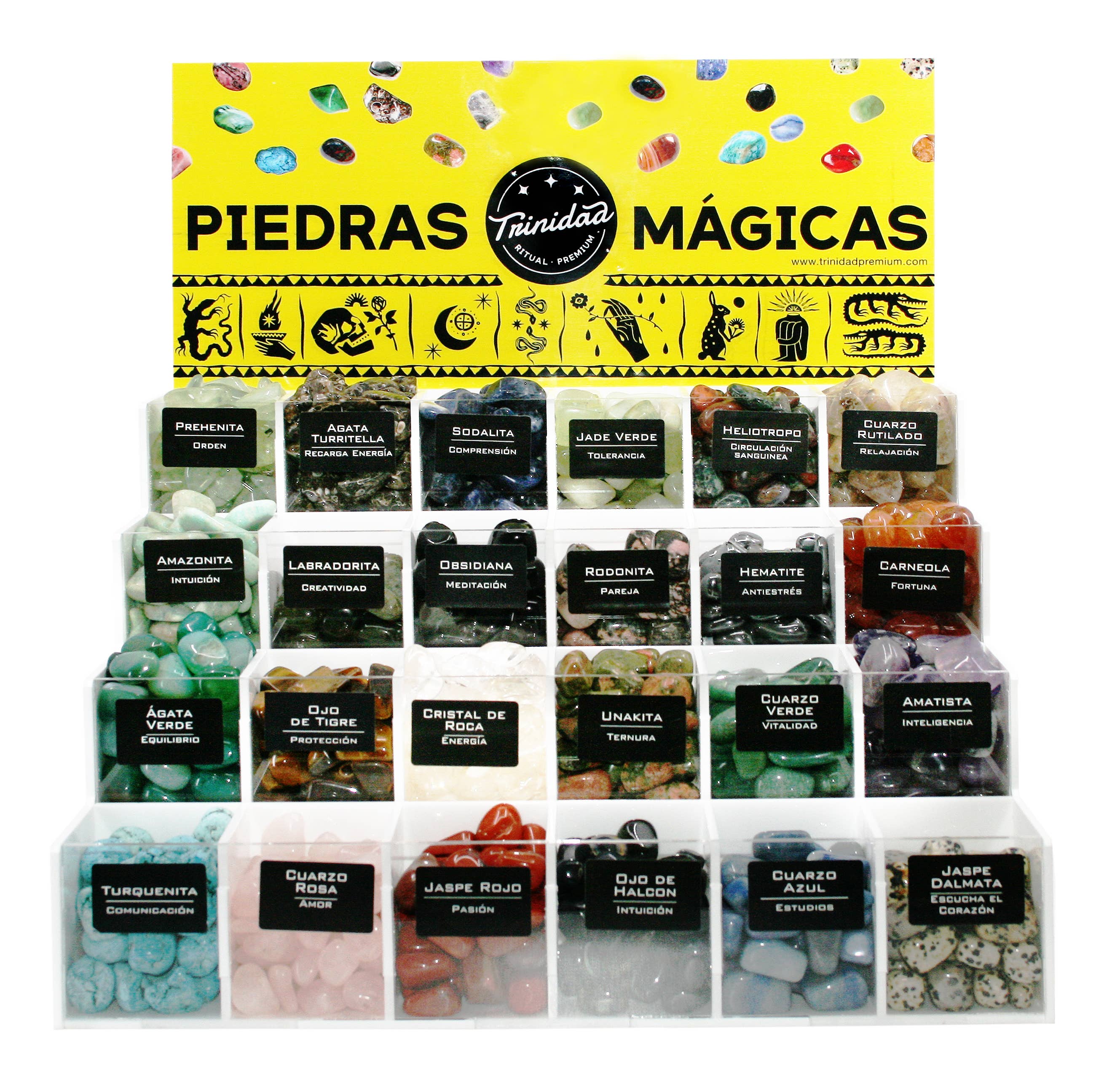 trinidad – Großhandel Spiritueller Stein/Kristall – Kleines rundes Display mit 24 Mineralien+25 Käfigen1