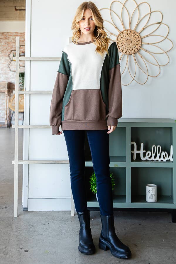 7th Ray - Wholesale Knit Top - Women's - Color Block Front Pocket Oversized Long Sleeve Top T534518