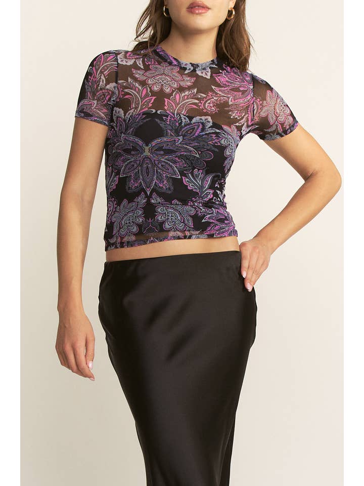 YNEZ - Wholesale Blouse - Women's - Boho Paisley Crew Neck Mesh Dressy Cocktail Top Tee8