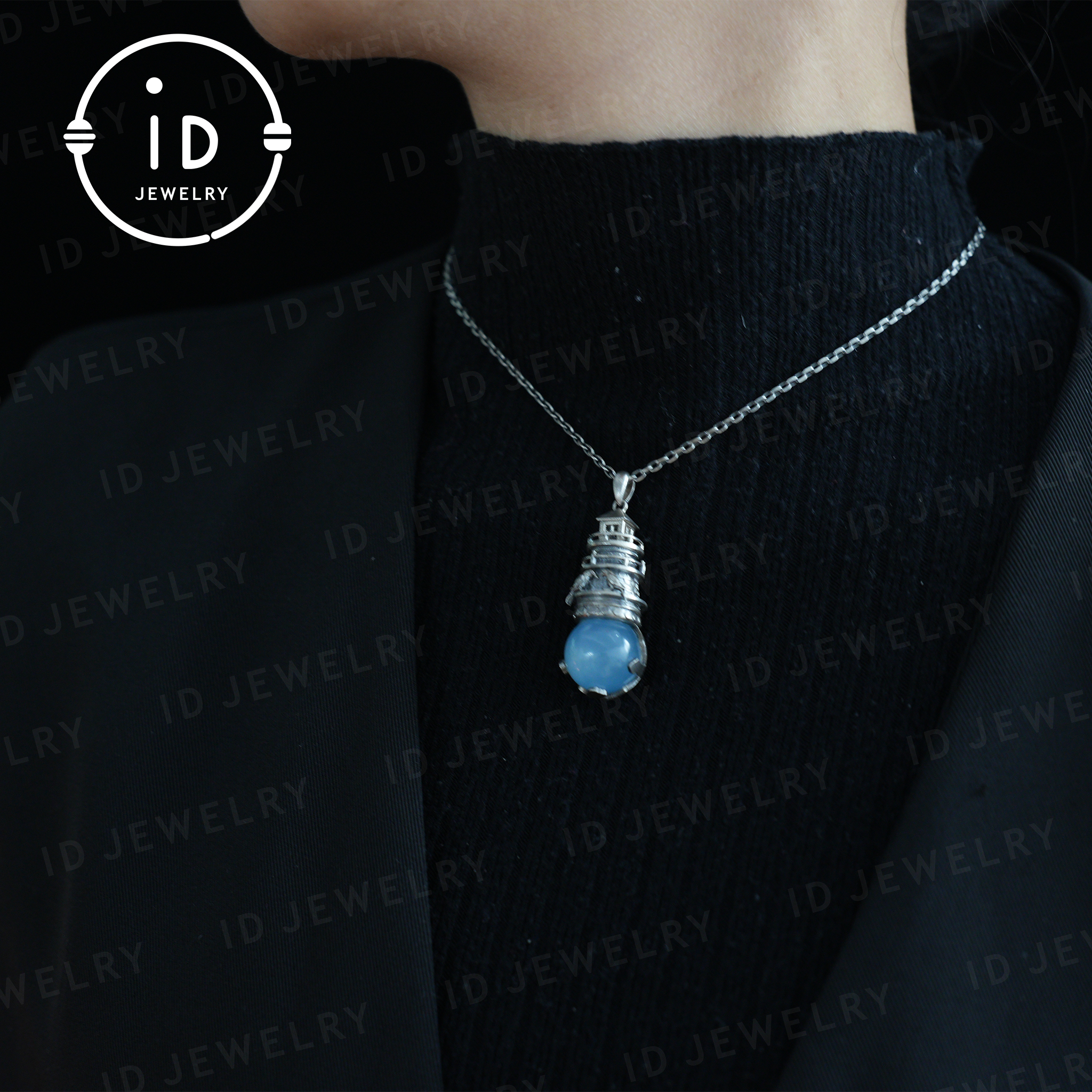 idjewelry – wholesale Individual charm/pendant – Handmade Lighthouse Pendant | Gothic Amulet with Aquamarine | Mystic Ravens | Magical Protection Jewelry | Vintage Fantasy Style7