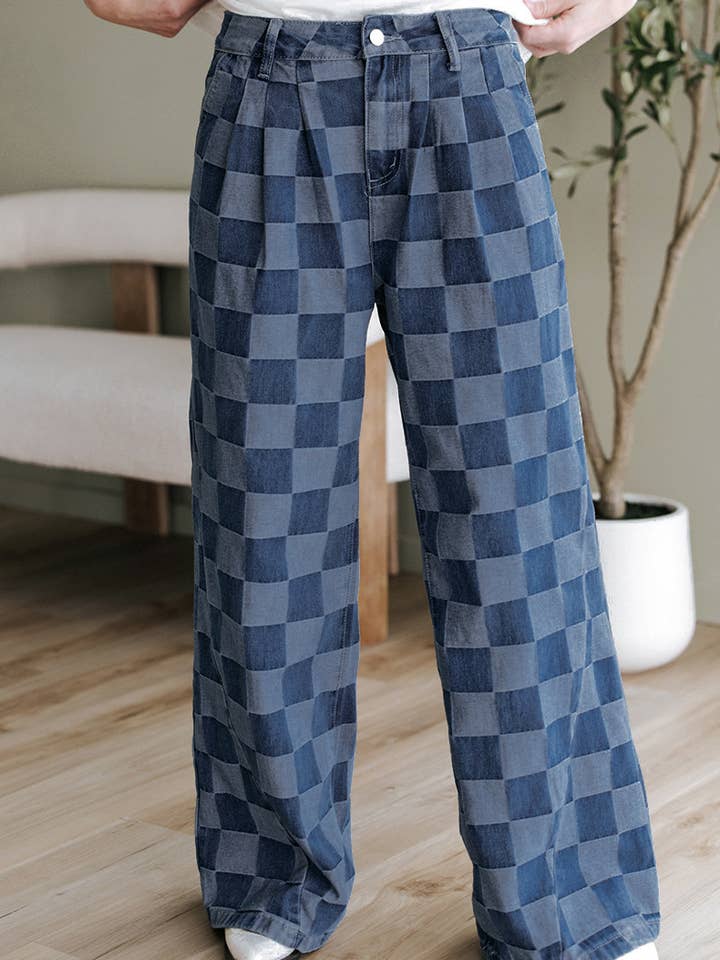 Women's checkerboard high-waist wide-leg jeans for wholesale by Rosa Clothing