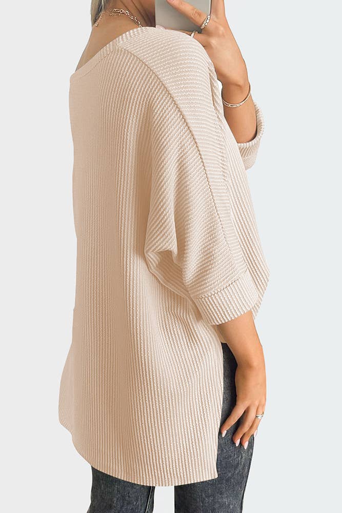 UNISHE - Vente Haut en maille – femme - Top texturé uni à manches chauve-souris à col en V ASJP09411