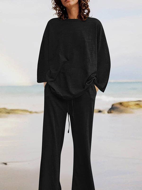 Plush Looks - Venta al por mayor Conjuntos de top y pantalón (NO para estar en casa) - Mujer - Conjunto de camisas holgadas de manga larga con cuello redondo y pantalones con cordón en la parte inferior de dos piezas