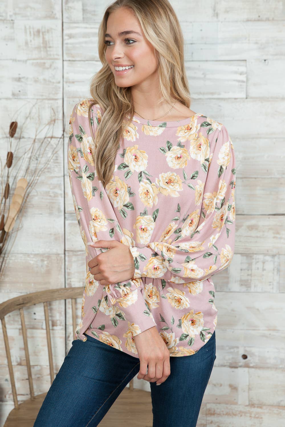 Rose Pull léger en tricot à manches évasées en vente sur Faire3