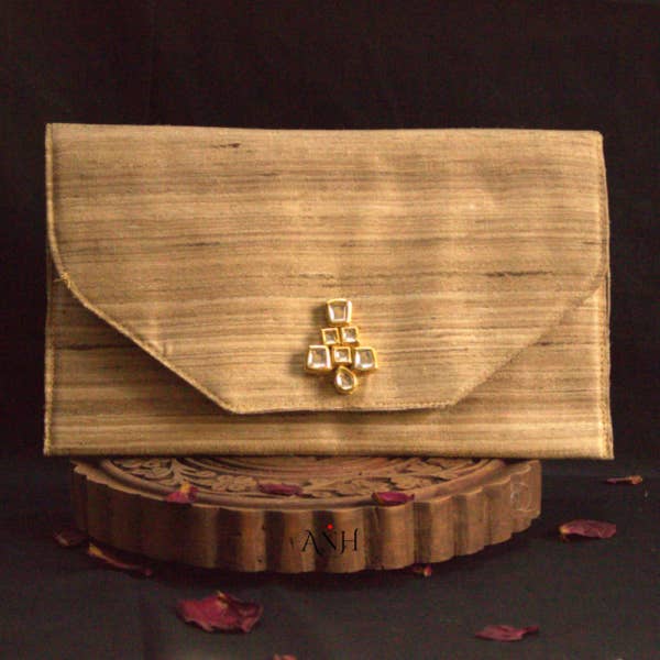 Beige Silk Envelope Clutch with Kundan Stones for wholesale by ArtNHer London