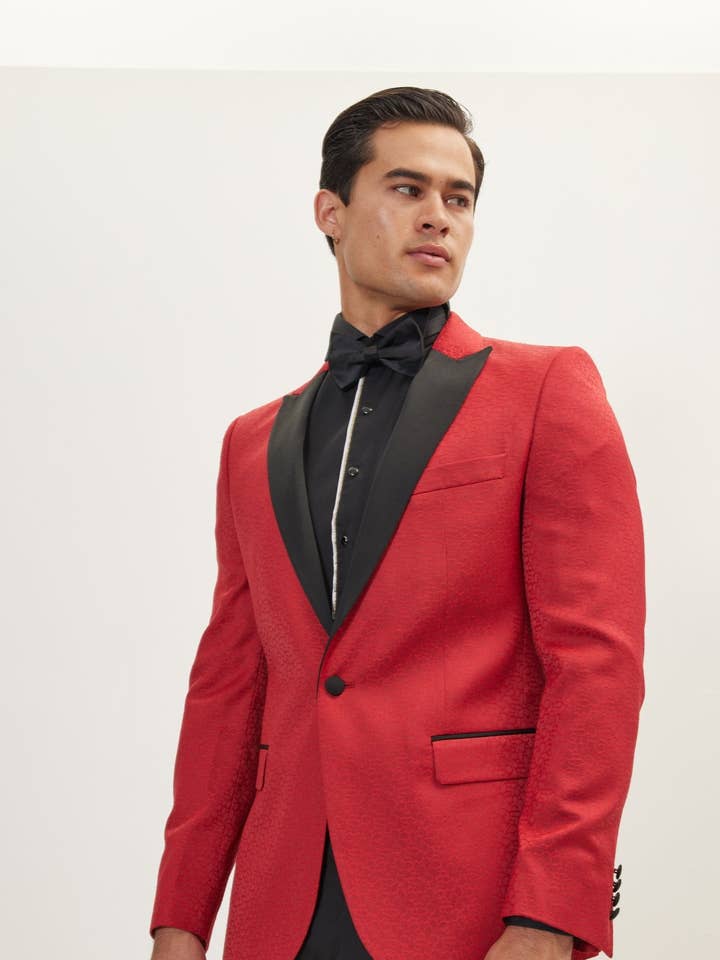 Men's Contrast Peak Lapel Pattern Tuxedo - Red for wholesale by Ron Tomson