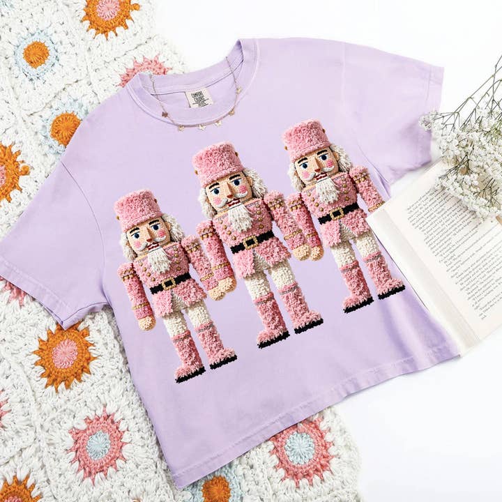 Glaime - Wholesale T-Shirt (Graphic) - Women's - Faux Yarn Crochet Pink Nutcrackers Shirt, Christmas Sweater4