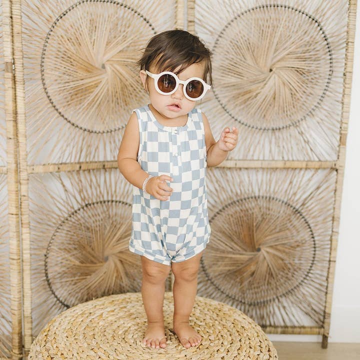 Bamboo Infant/Toddler Tank Romper - Blue Checks for wholesale by The Mini Babe