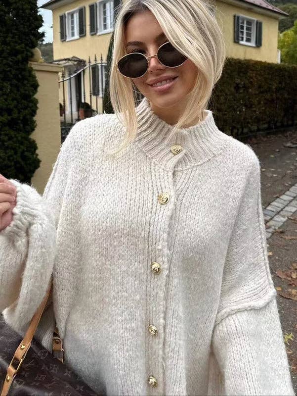 VividLux - Wholesale Cardigan - Women's - Loose Puff Sleeves Buttoned Split-Joint Round-Neck Cardigan Tops11