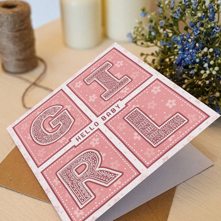 Jess A Little Creative - Wholesale Baby Card - Hello Baby Girl Pink Typographic New Baby Card