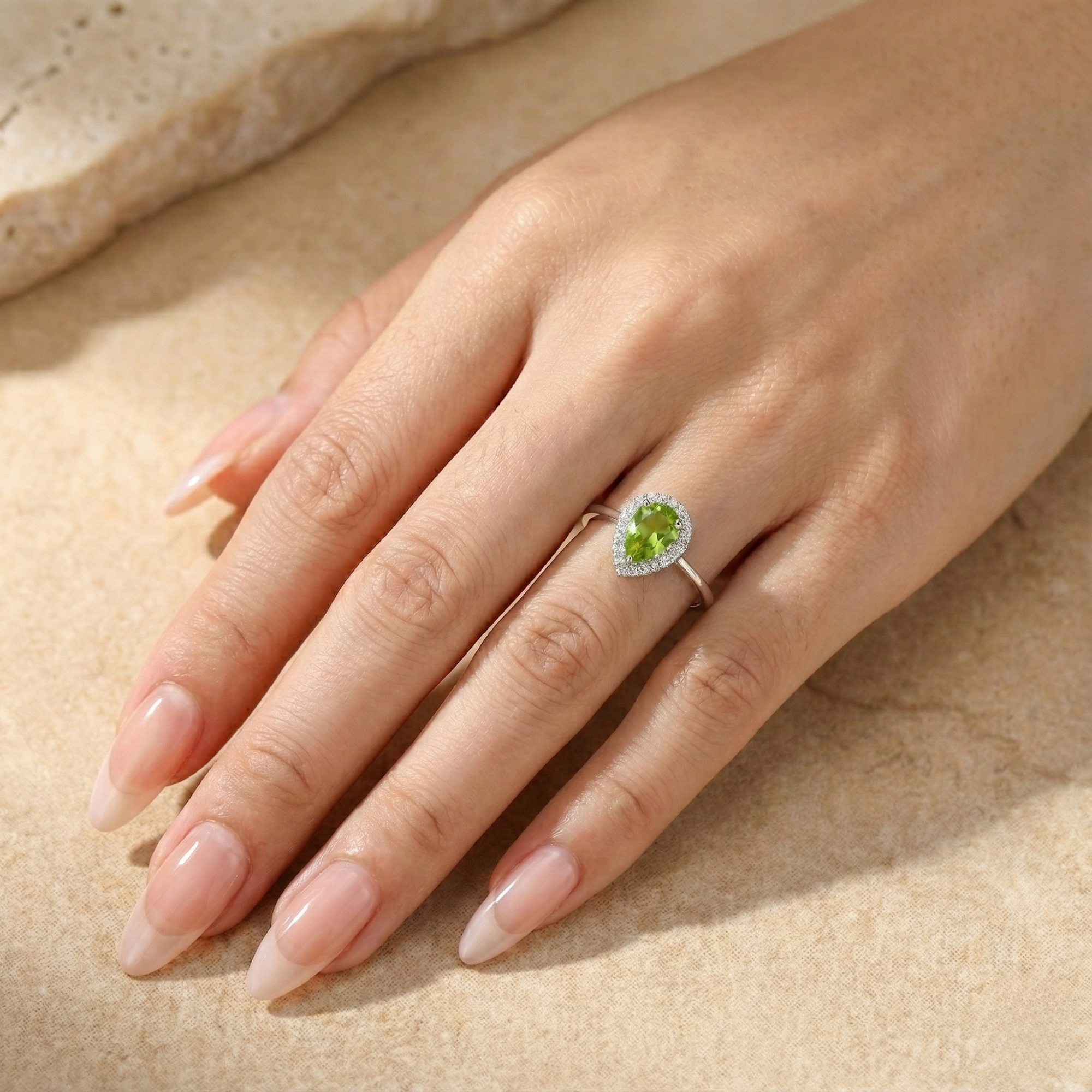 FCJ Jewelry LLC – wholesale Engagement ring – Taylor Swift Inspired Natural Peridot Teardrop Halo Ring12