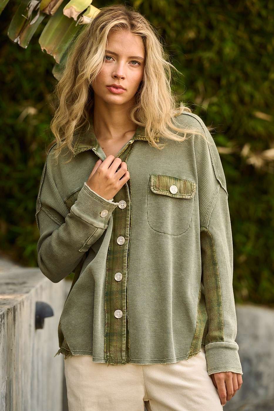 mittoshop - Wholesale Shirt Jacket/Shacket - Women's - MINERAL WASH PLAID CONTRAST WAFFLE KNIT SHACKET9