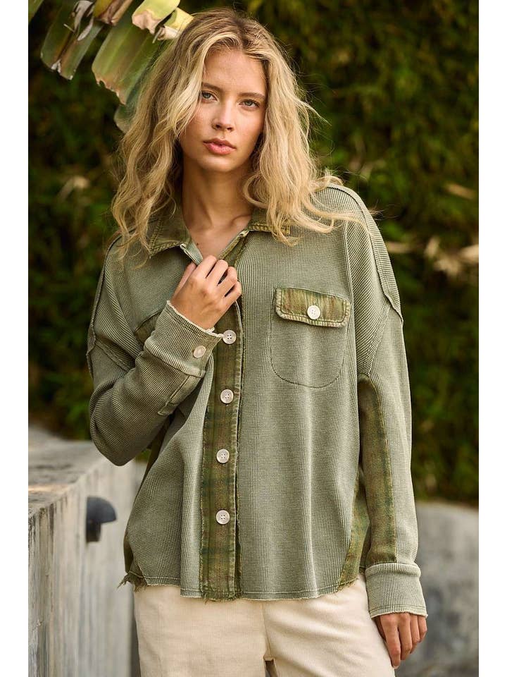 mittoshop - Wholesale Shirt Jacket/Shacket - Women's - MINERAL WASH PLAID CONTRAST WAFFLE KNIT SHACKET9