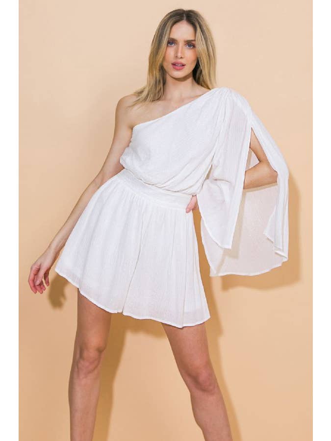 WHITE METALLIC A textured woven romper - IP8265 for wholesale on Faire