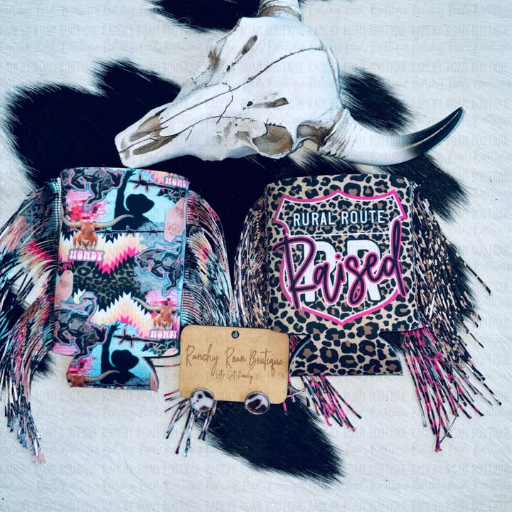 Ranchy Roan Boutique - Wholesale Drink Huggers & Koozies - Groovy Cowgirl Fringe Western Koozie