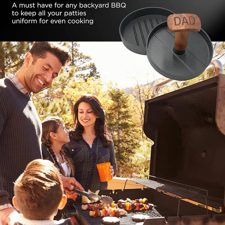 Infinite Basics - Wholesale Outdoor Grill Tools - Grilling Gift for Dad, Non-Stick Hamburger Press Patty Maker, Aluminum BBQ Burger Mold “Dad Grill Boss” for Fathers Day/Birthday Boxed4