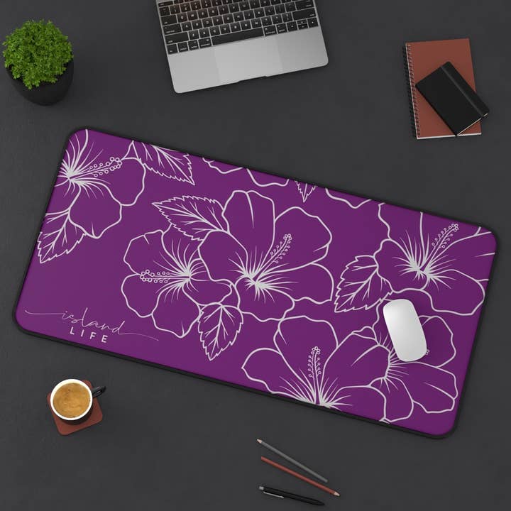 Modern Hibiscus Purple Gaming Pad Desk Mat for wholesale by Island Life
