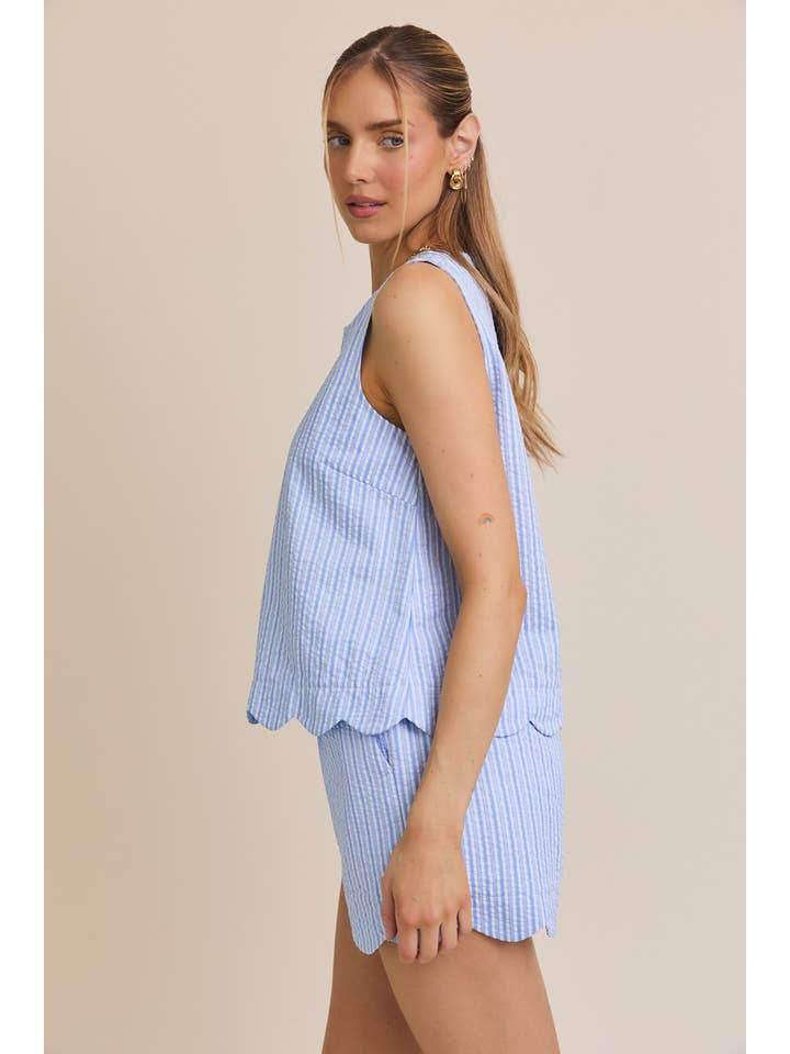 ROUND NECK SLEEVELESS SCALLOP HEM STRIPE TOP & SHORTS for wholesale on Faire