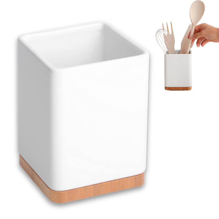 Porta utensilios de cocina con base de bambú SQUARE - Blanco para venta al por mayor de Kook Shop