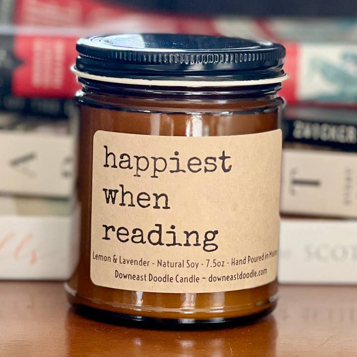 happiest when reading, book lover amber natural soy candle for wholesale by Downeast Doodle Candle Company, LLC