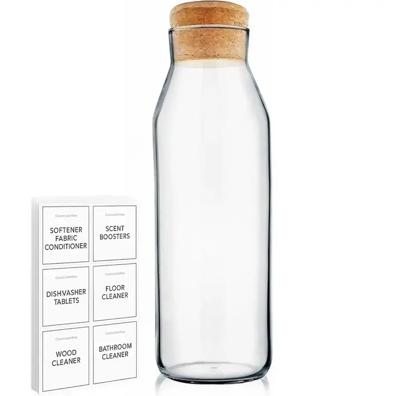 Jara Trading – wholesale Carafe – Glass Carafe - 1L Water Carafe with Lid - Versatile Clear Glass Bottle with Cork Lid, Used as a Bedside Water Carafe, Beverages or Non-Food Items Like Laundry Detergent Storage0