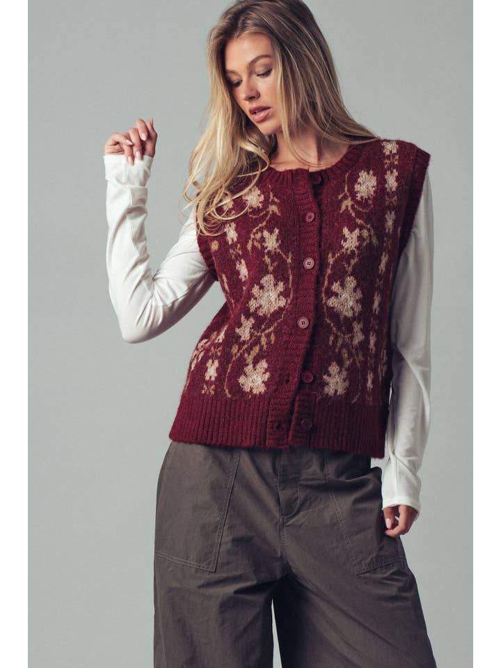Urban Daizy - Wholesale Sweater Vest - Women's - Floral Knit Button-Up Sweater Vest4