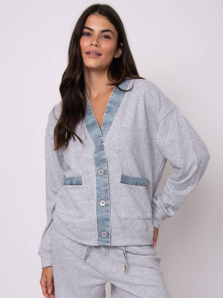 KELLIE FRENCH TERRY WITH DENIM LONG SLEEVE CARDIGAN- 57F032S for wholesale by RD Style
