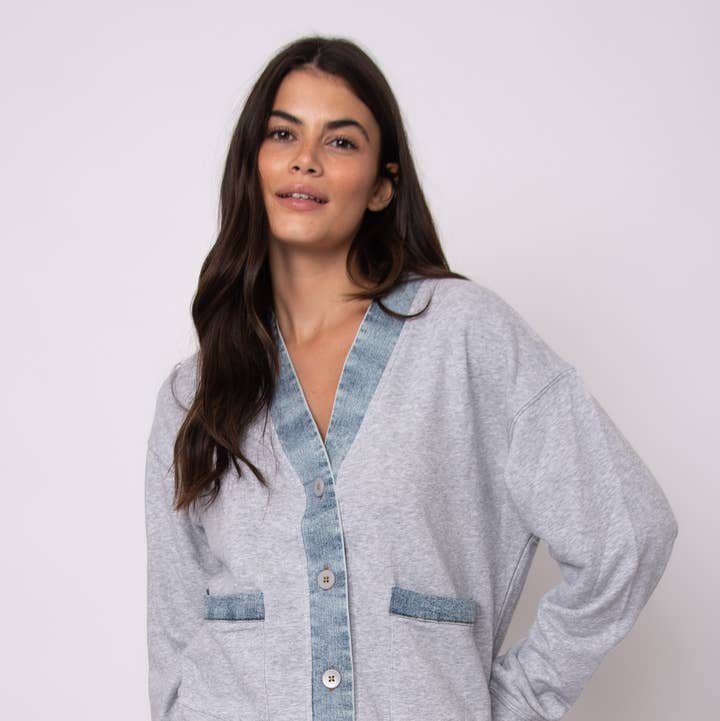Grey Mel LT Wash KELLIE FRENCH TERRY WITH DENIM LONG SLEEVE CARDIGAN- 57F032S for wholesale on Faire0
