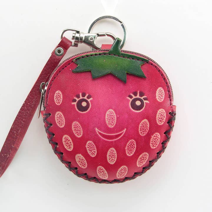 Handmade Leather Strawberry Coin Purse for wholesale by Sunflower Handmade leather inc