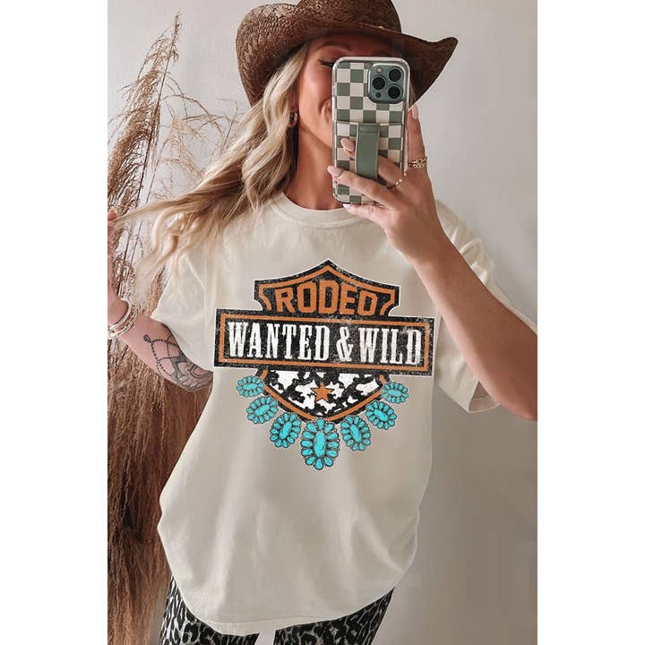 RODEO WANTED & WILD OVERSIZED MINERAL GRAPHIC TEE for wholesale by HRTandLUV