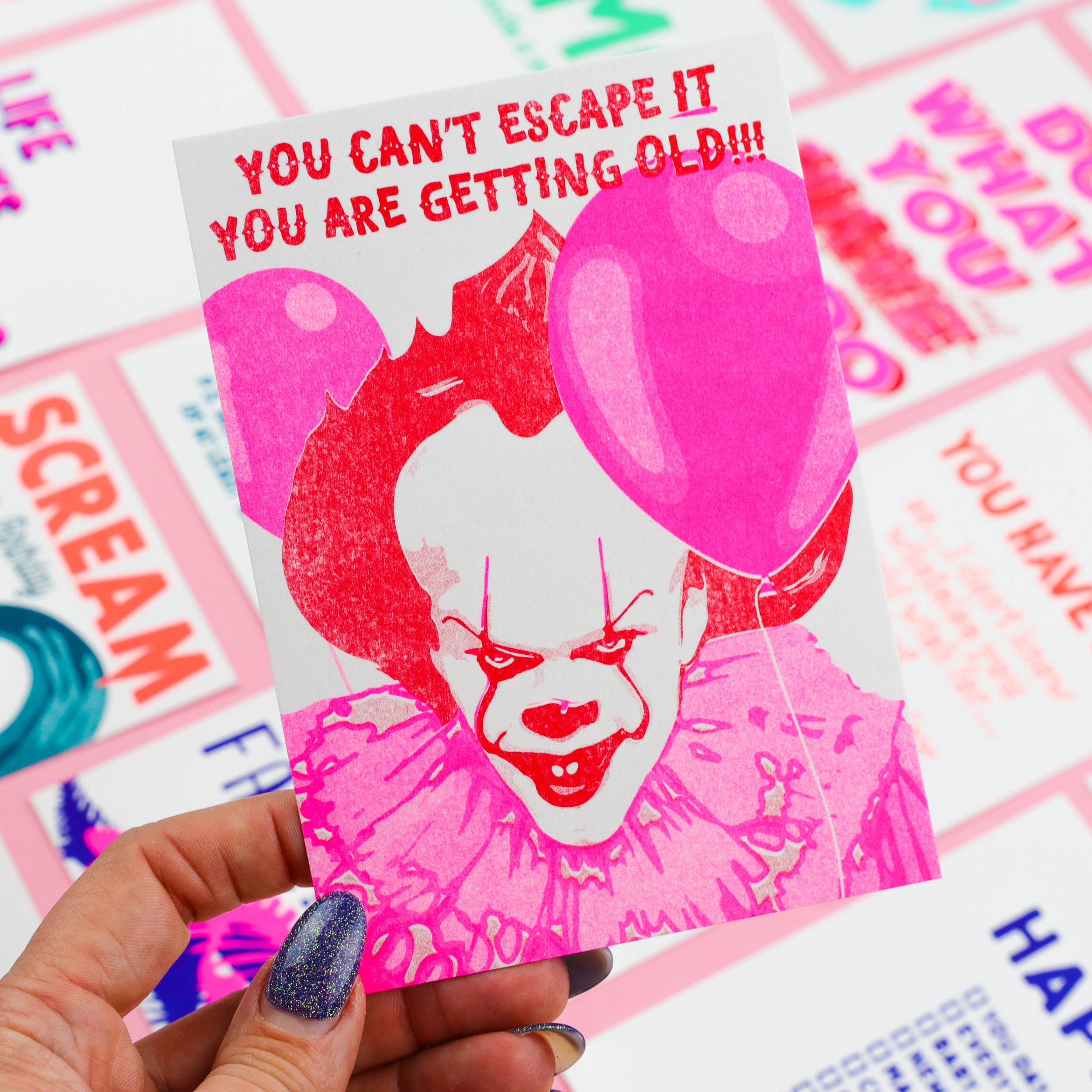 Studio Inktvis - Wholesale Birthday Card - Postcard Postcard Pennywise you can't escape IT risoprint5