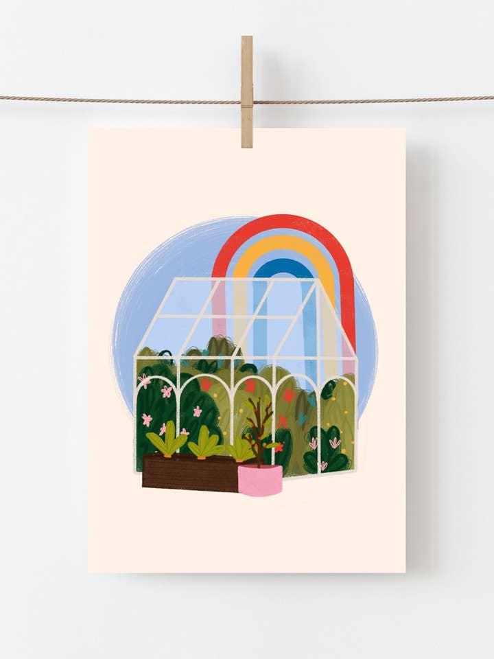 Rainbow Greenhouse A6 Mini Print for wholesale by Eilldh Illustrates