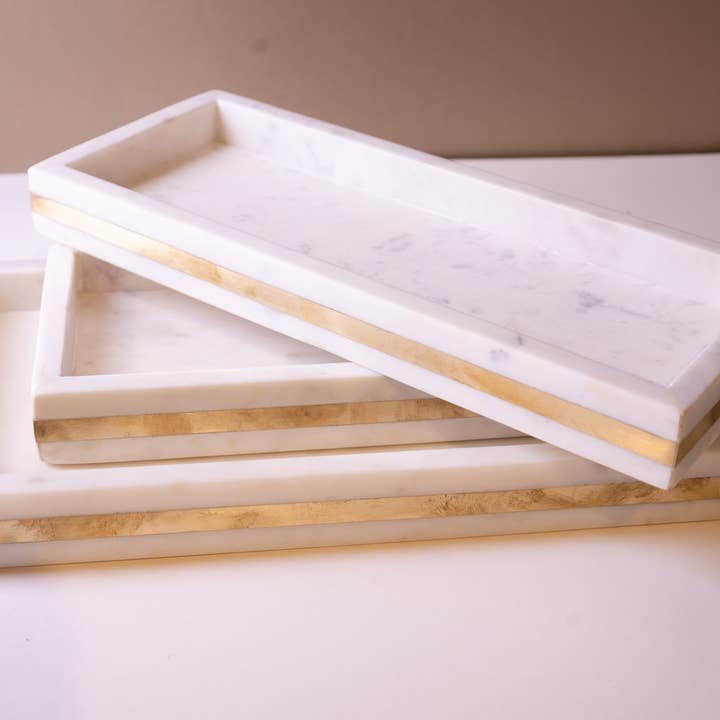 Sm. White Marble Tank Tray w/ Brass Inlay 12"x6" for wholesale on Faire