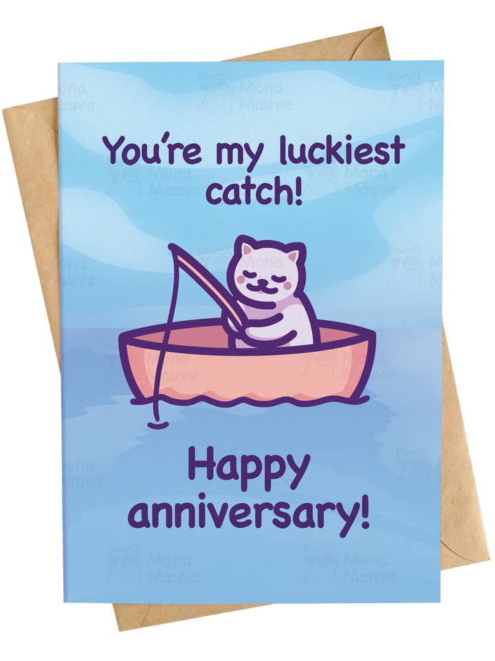 Jij bent mijn gelukkigste vangst! | Leuke jubileumkaart voor wholesale door Mona Mauve • Silly Art!