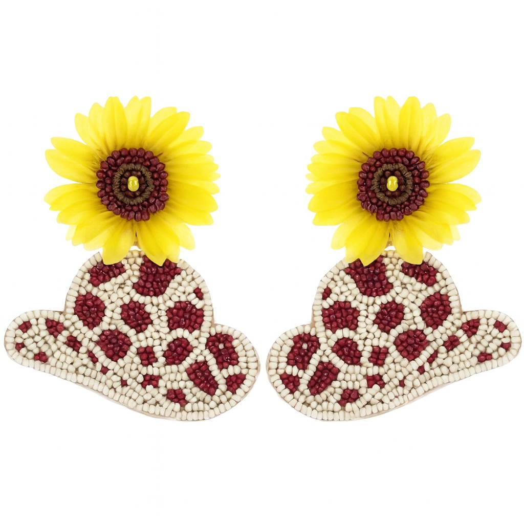 The Bling Barn - Wholesale Dangle Earrings - Sunflower Rodeo Brown Hat Seed Bead Earrings1