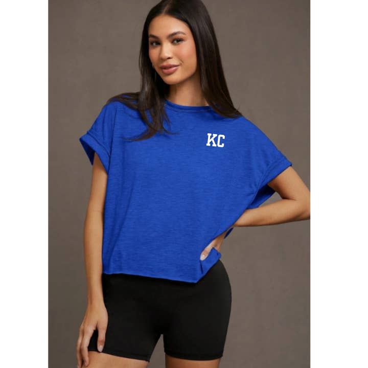 KC Blaues Rückenfreies Fledermausärmel-T-Shirt, Kansas City für den Großhandel von Elby Designs Apparel