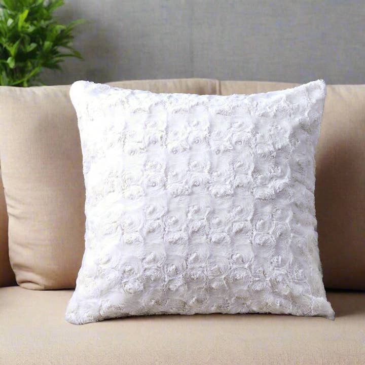 DaDa Bedding Luxury White Roses Swirls Faux Fur Euro Cushion Throw Pillow Cover (K11) for wholesale by DaDalogy Bedding