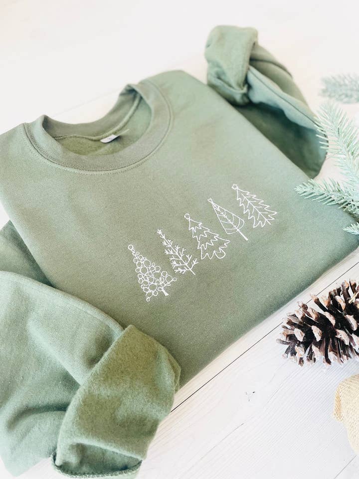Military Green Christmas Tree Embroidered Sweatshirt - Embroidered Christmas Sweatshirt for wholesale on Faire4