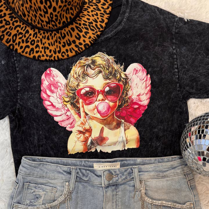 ZZ Threadz - Wholesale Screen Printed T-Shirt - Women's - Bubble Gum Cupid Valentine's Mineral Washed Graphic Tee