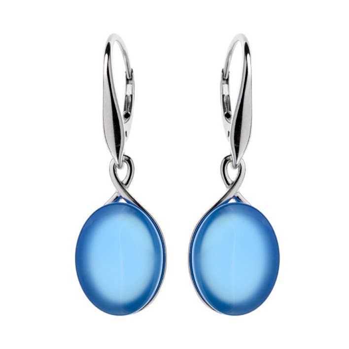 Oval tinted blue agate earrings, silver for wholesale by OPALOOK France
