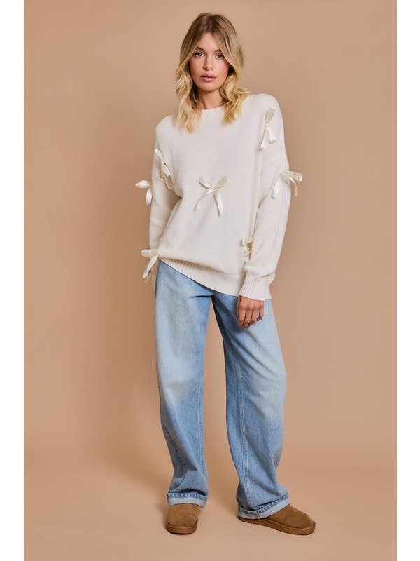 Cream Round Neck Long Sleeve Satin Bows Sweater for wholesale on Faire