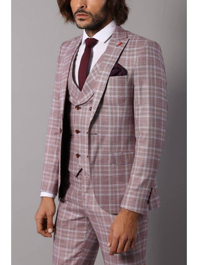 Burgundy Plaid Vested Slim Fit Italian Suit - Wessi for wholesale on Faire
