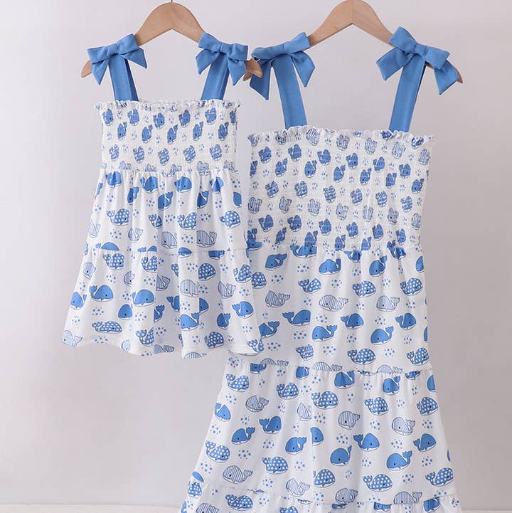Aspen Rain Boutique - Wholesale Mommy & Me Sets - Blue whale smocked ruffle mom&me dress7